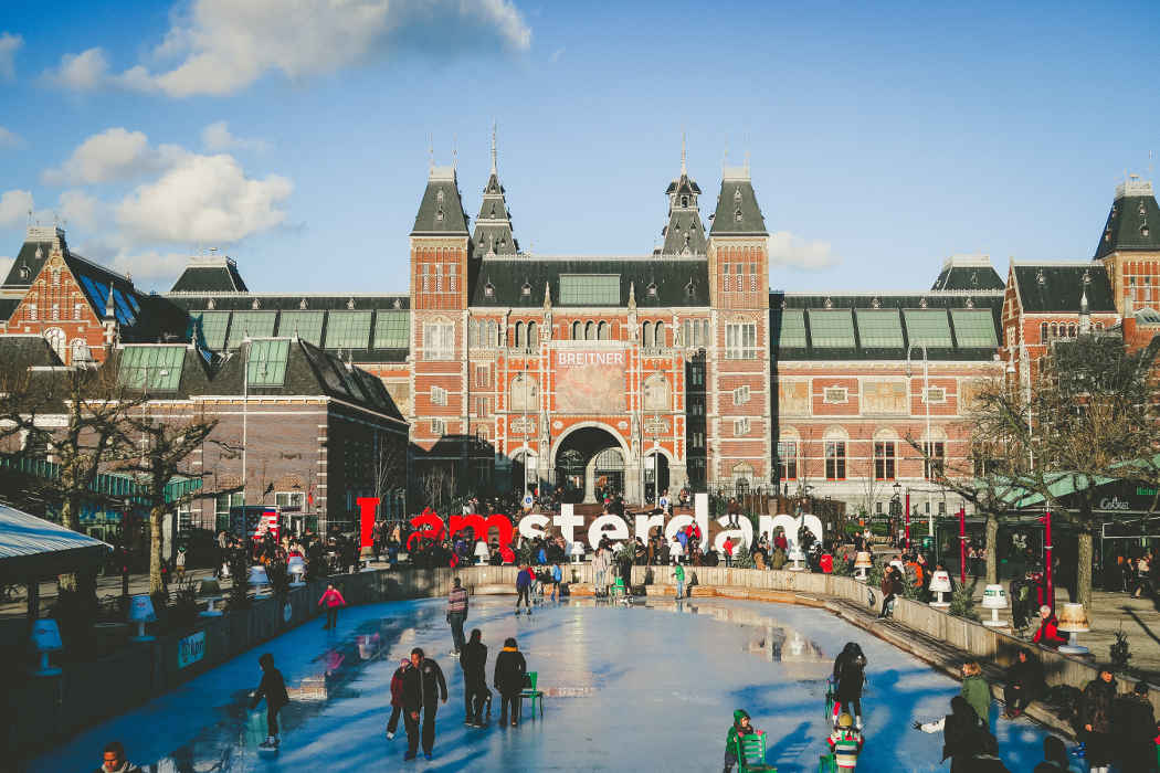 Museum quarter or museumplein + I Amsterdam sign + the Rijksmuseum