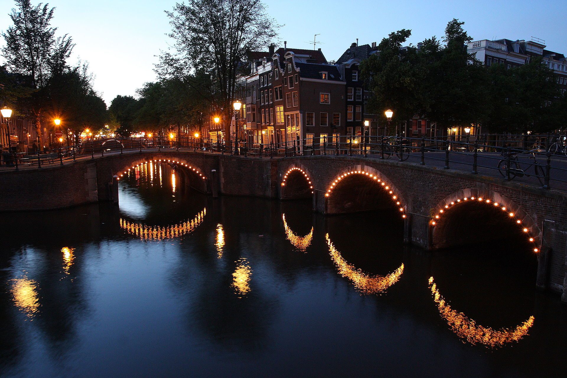 View down Reguliersgracht from Keizersgracht in Amsterdam, showing the famous Seven Bridges alignment