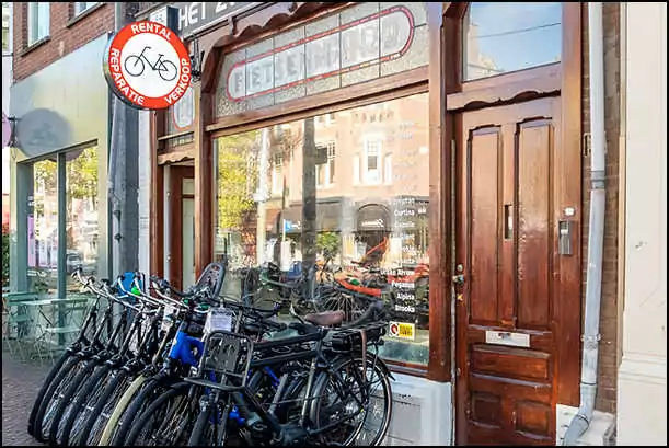 Bike rental shop Black Bikes shop front closeup in Den Haag