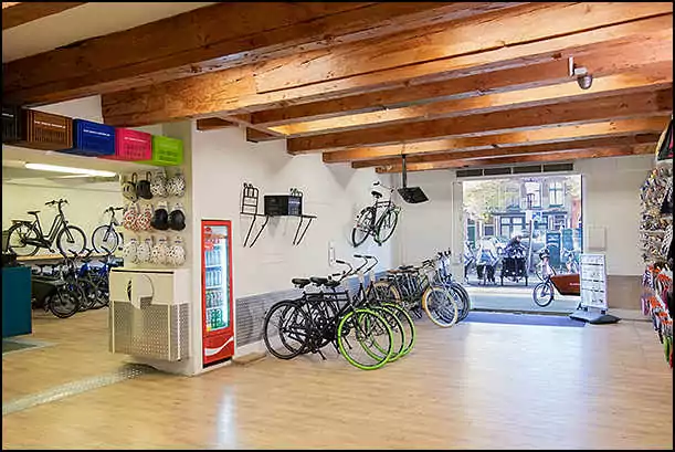 inside black bikes rental shop leidseplein amsterdam